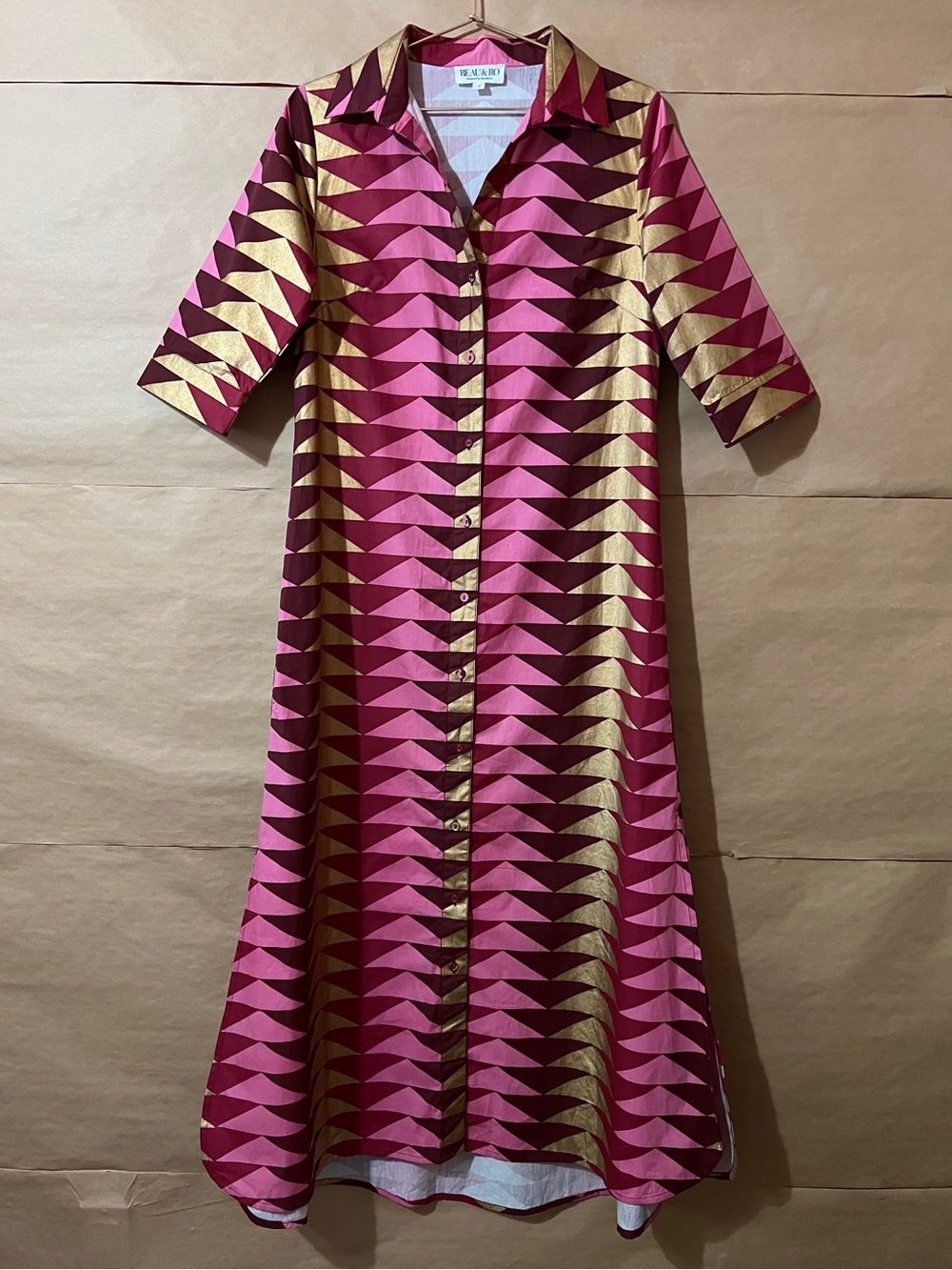 Beau & Ro The Kris Dress Cranberry Bagru Triangle Button Shirtdress Midi Size S
